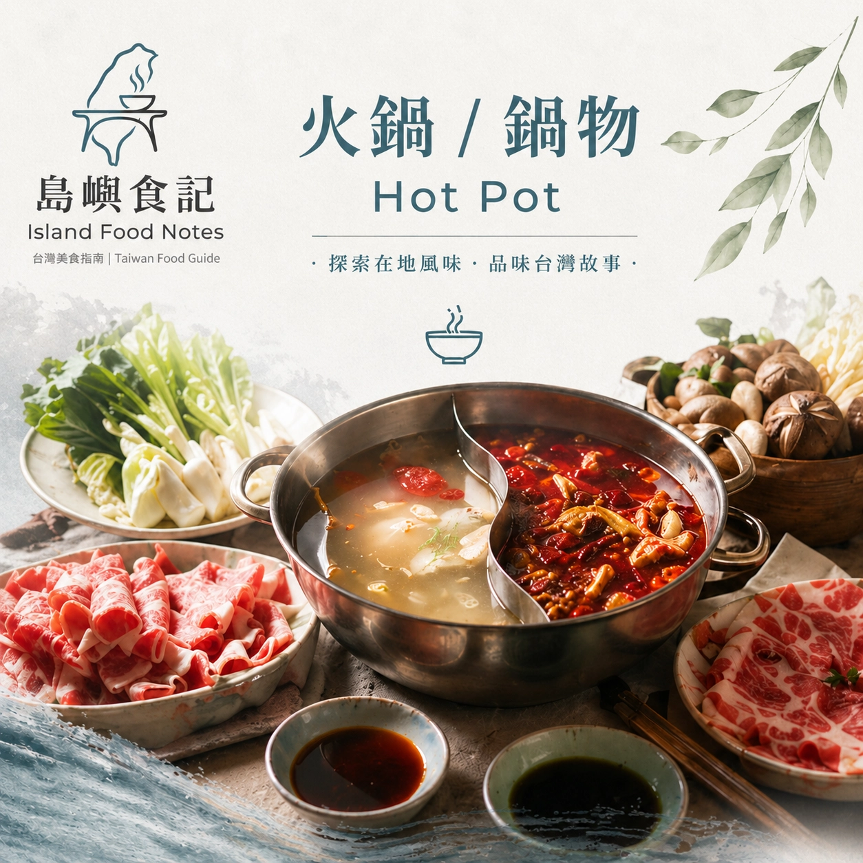 火鍋鍋物,島嶼餐桌,呈現招牌麻辣鴛鴦火鍋、鮮切肉盤與新鮮蔬菜百匯。