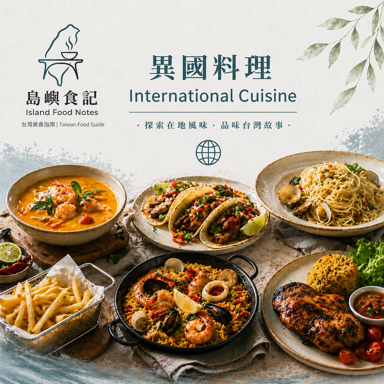 異國料理,島嶼餐桌,展現招牌西班牙海鮮燉飯、墨西哥塔可與白酒蛤蜊義大利麵。