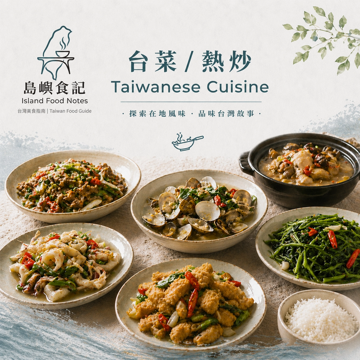台菜熱炒推薦,島嶼餐桌，主打九層塔炒蛤蜊、香脆鳳梨蝦球等多道經典台灣料理。