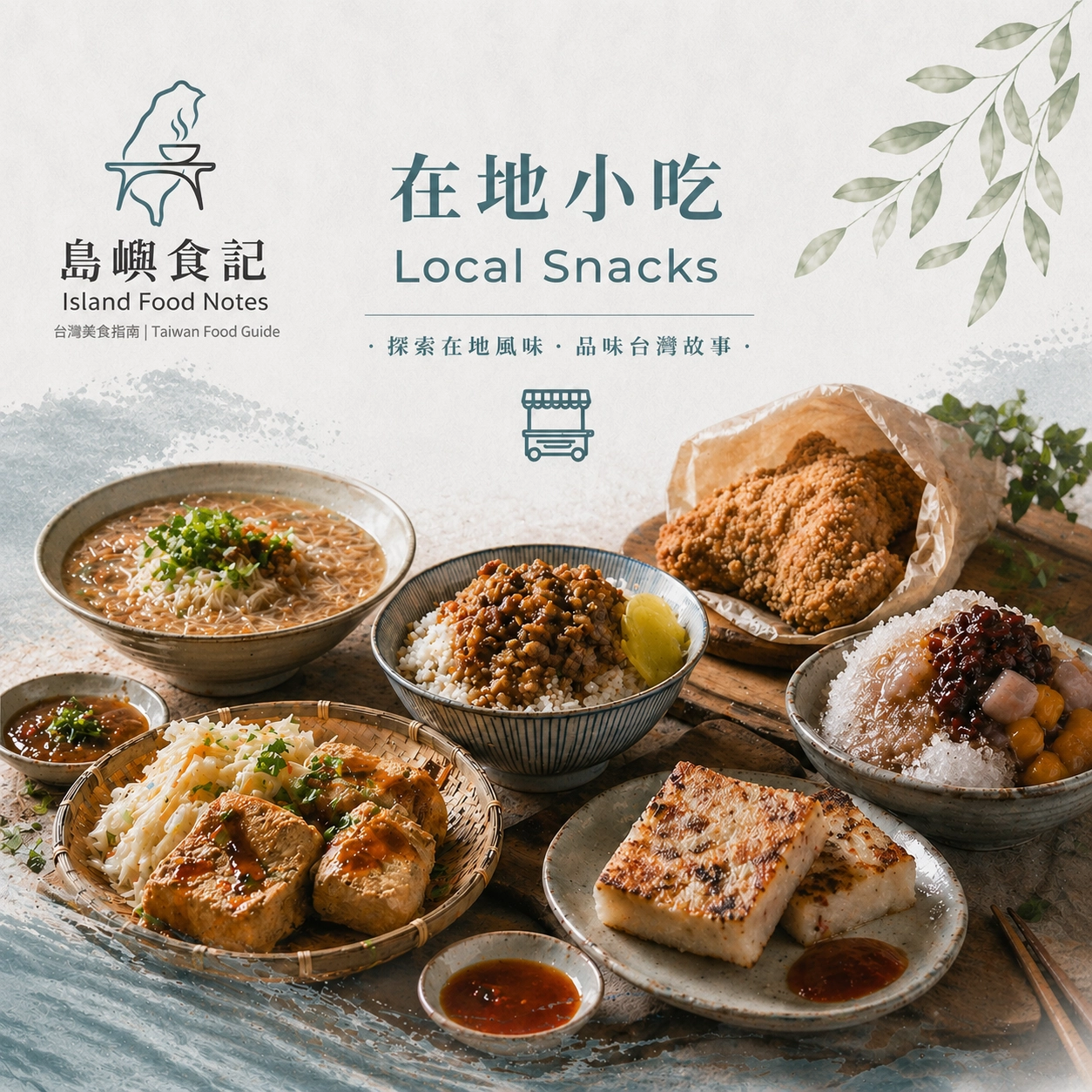 台灣在地小吃指南,島嶼食記,展現經典滷肉飯、臭豆腐、麵線、雞排與台式剉冰等傳統美食。