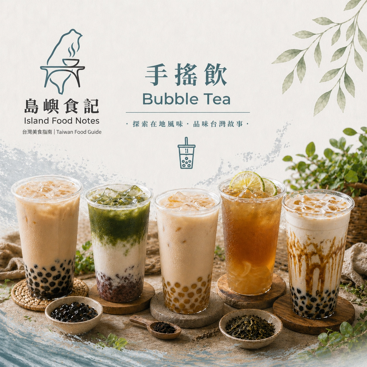 手搖飲圖,島嶼餐桌,展現台灣經典珍珠奶茶、黑糖珍鮮及各式特色手搖飲料。