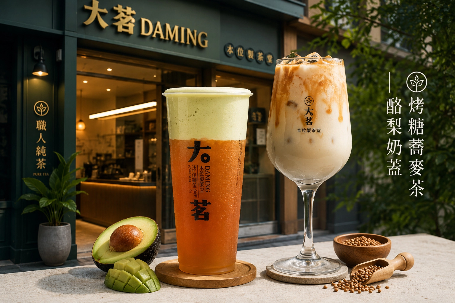 大茗本位製茶堂松山店招牌烤糖蕎麥茶與酪梨奶蓋，適合上班族下午茶的清爽系手搖飲
