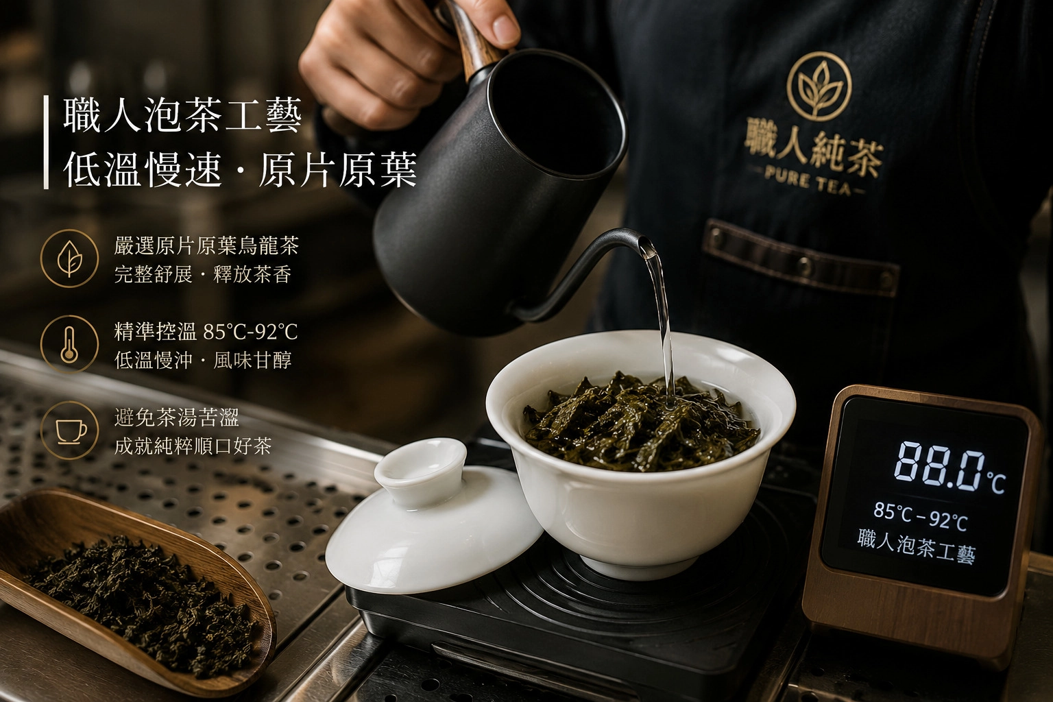 職人純茶低溫慢速沖泡工藝，嚴選原片原葉烏龍茶避免無糖茶湯苦澀